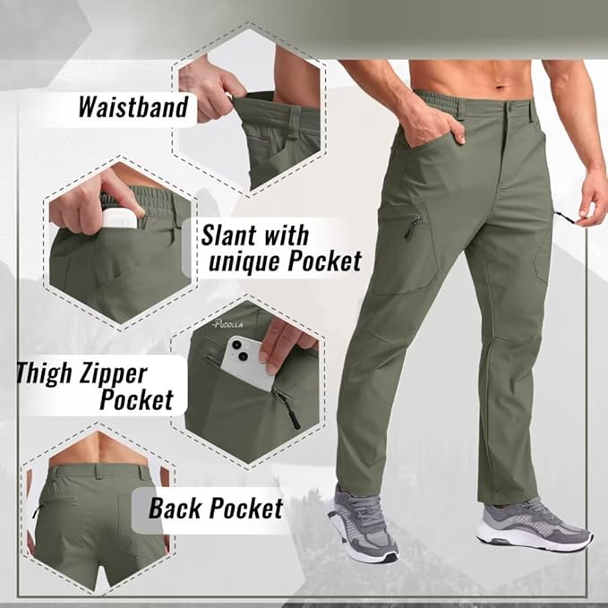 Pudolla Men's Lightweight Hiking Pants with 7 Pockets Quick Dry Water Resistant Fishing Travel Pants