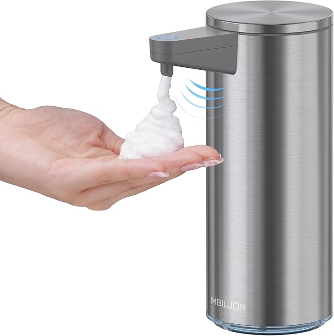 Mbillion Automatic Soap Dispenser Touchless Foaming Soap Dispenser USB Rechargeable Dispenser Electric 5 Levels Adjustable Foam Soap Dispenser Pump for Bathroom Kitchen Dish Soap,Stainless Steel