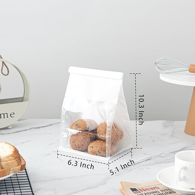 50 Pcs Bread Bags for Homemade Breads, 6.3 x 5.1 x 10.3 Inch Medium White Bakery Bags with Tin Tie, Cotton Paper Loaf Bag, Storage Packing Bag with Clear Window