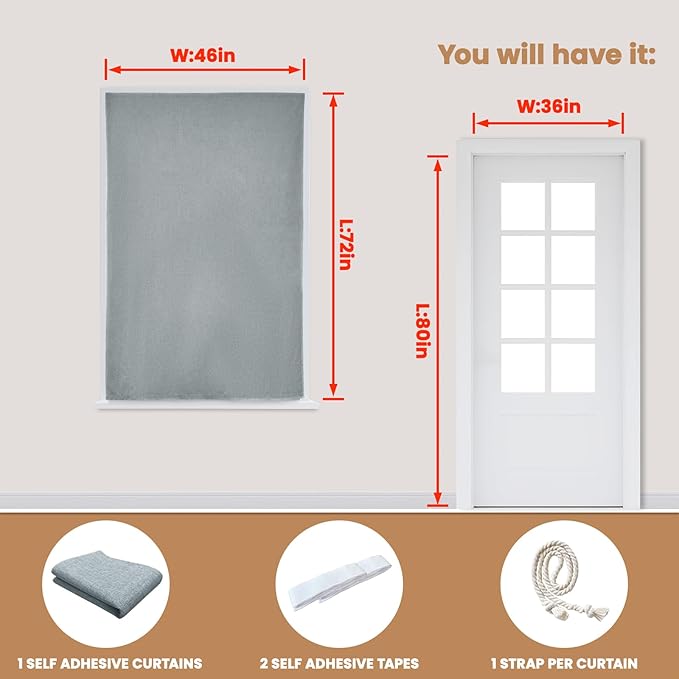 Adhesive Curtain,100% Blackout Curtains, No Drilling, Suitable for Multi-Scenes Privacy Protection (Light Gray - W46 × L72 in)