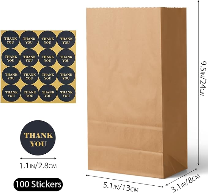 Bakepacker 100 Pcs Brown Treat Paper Bags with 100 Stickers 5.1"x3.1"x9.4" Kraft Small Party Gift Bag Snack Bag without Handle