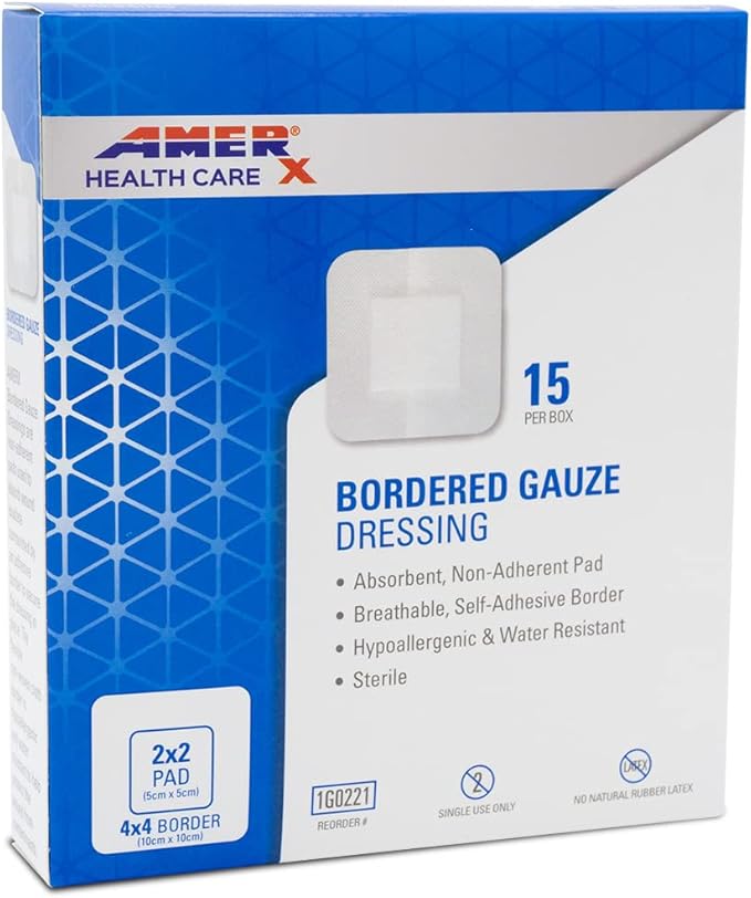 4" x 4" Dressing (2x2 Pad) AMERX Bordered Gauze - Adhesive Bandages - Water Resistant Barrier - Self Adhesive Border - Breathable, Hypoallergenic - 15 Pads Per Box
