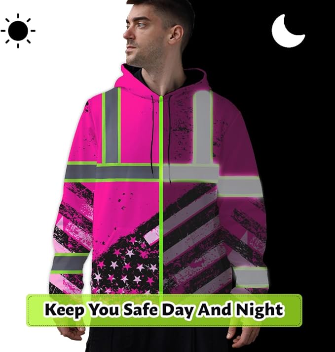 Color US Flag High Visibility Hoodie for Men Women Reflective Tapes Safety Workwear for Worker Runner Patriotic