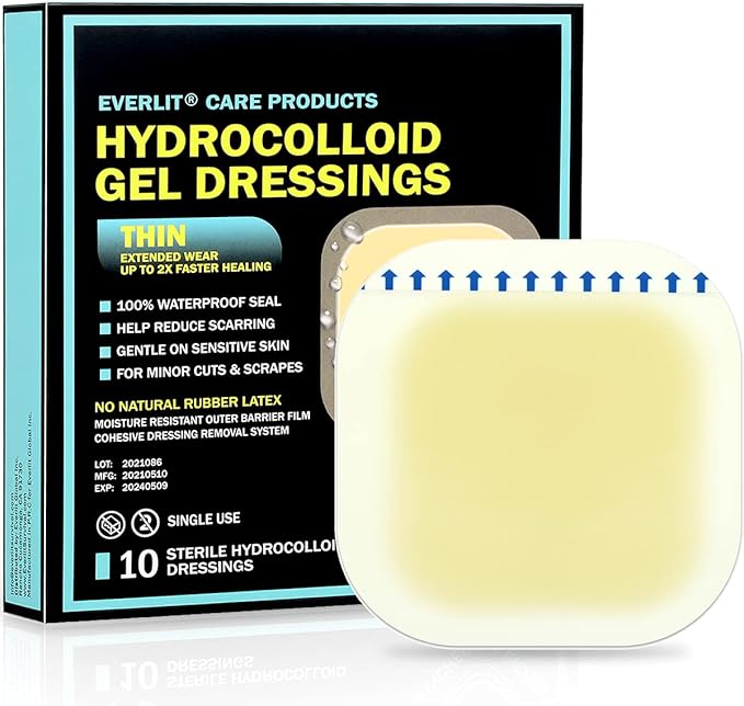 EVERLIT Hydrocolloid Wound Dressing | Waterproof Adhesive Bandage 4" x 4" [Pack of 10] | Sterile, Advance Healing for Acne Breakout, Bed Sores, Ulcers and Blisters (Advanced Hydrocolloid Gel Dressing)