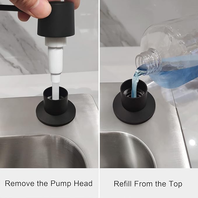 Matte Black Long Nozzle Brass Built in Soap Dispenser for Kitchen Sink with 17 OZ PET Bottle Refill from Top, Countertop Brass Pump Head, Fits 1″ to 1.8″ inch Hole, in Sink Soap Dispenser
