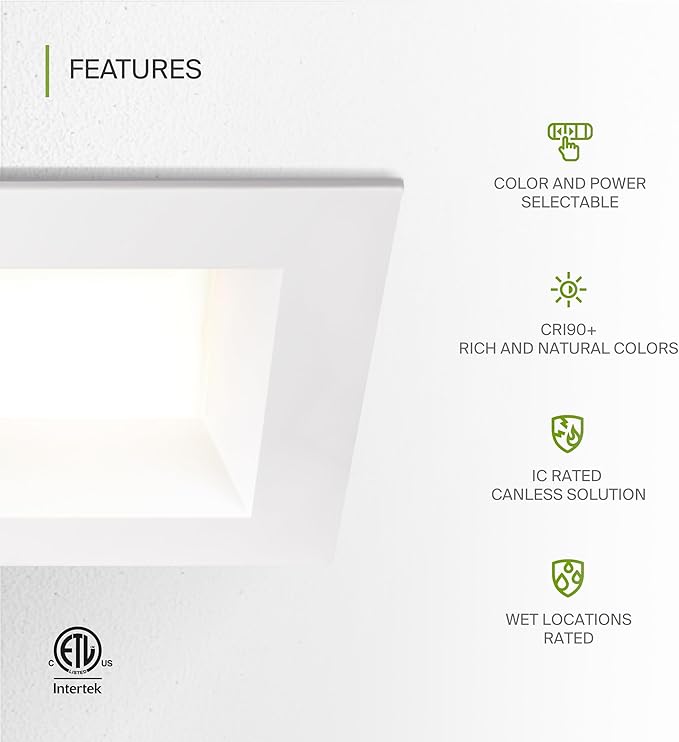ASD Commercial LED Downlight 6 Inch, Square Power Adjustable Downlights 12/16/22/26/30W, Canless LED Recessed Lighting 120-277V, 5 CCT 2700K-5000K, Dimmable Ceiling Light Fixture, IC Rated, White ETL