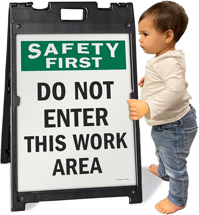 SmartSign 24 x 18 inch “Safety First - Do Not Enter This Work Area” Two-Sided BabyBoss A-Frame Sign Kit, Plastic, Multicolor (1 A-Frame + 2 Sign Panels), Made in USA