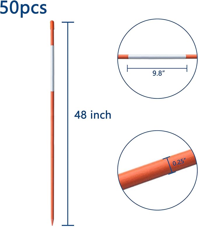 Snow Stakes Driveway Markers Snow Plow Stakes Garden Stakes Fiberglass Orange with Reflective Tape Suit for Snow Plowing Driveway, Parking Lots, Outdoors (50, 48" x 1/4")
