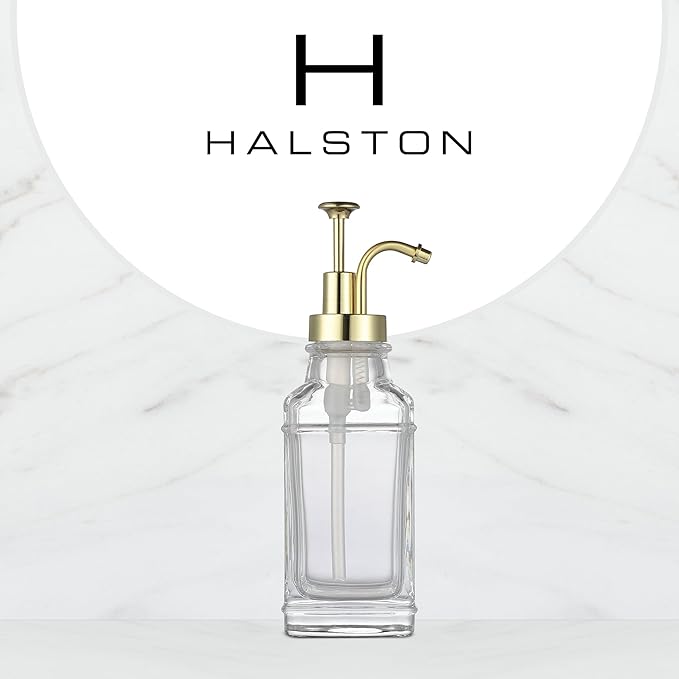 Clear Glass Soap Dispenser with Brushed Gold Finish Pump, Modern Refillable Pump for Bathroom, Kitchen, or Office, Elegant Accent Piece for Interior Decoration