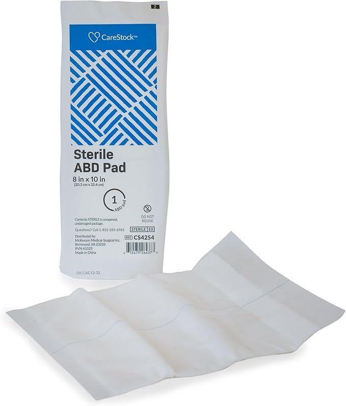 CareStock Abdominal Pad - Highly Absorbent Nonwoven Cellulose ABD Pads, Wound Care First Aid - Individually Packed, Sterile - 8 in. x 10 in., 24 Count, 1 Pack†, White