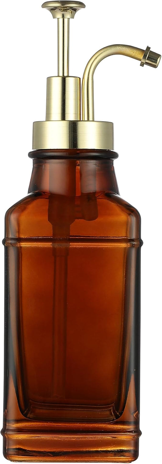 Amber Glass Soap Dispenser with Brushed Gold Pump Dispenser, Modern Refillable Pump for Bathroom, Kitchen, or Office, Elegant Accent Piece for Interior Decoration