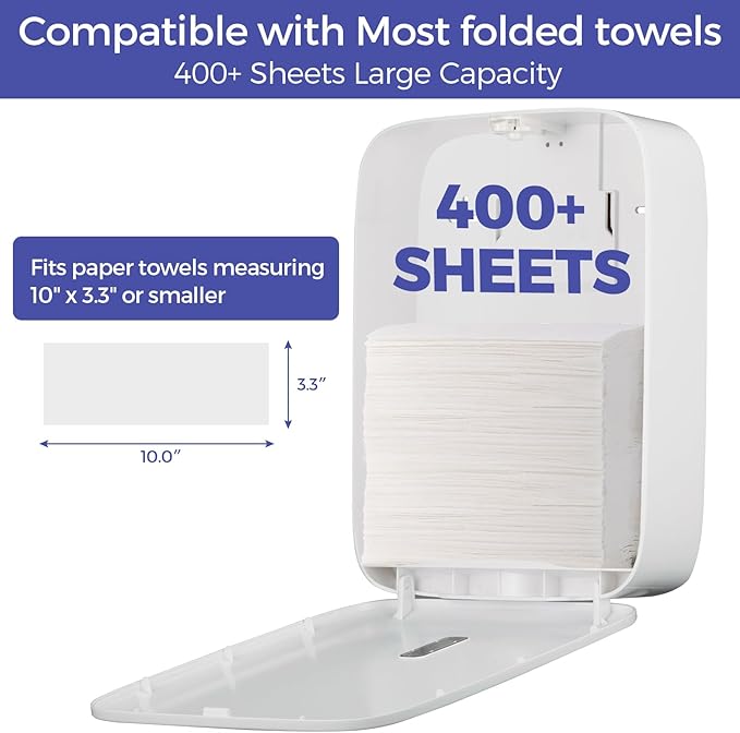 Paper Towel Dispenser Wall Mount with Lock – Fits 400+ Multifold/Trifold/Z-Fold/C-Fold Towels – Large Paper Towel Holder for Bathroom, Kitchen, Office, Home or Business (White)