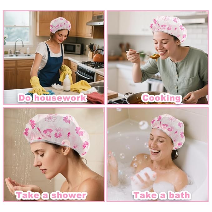 18Pcs Plastic Shower Caps for Women Waterproof Bath Caps Bathing Hair Cap Reusable Shower Caps for Shower,Spa,Salon,Housework,Girls,Home,Travel (Red-Flower)