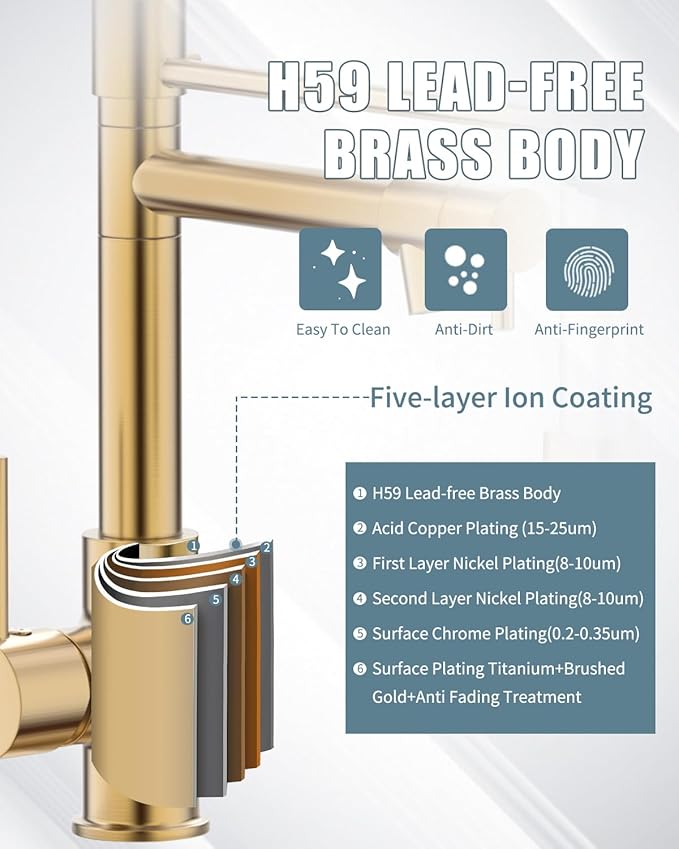 Kitchen Faucets with Pull Down Sprayer, Brushed Gold Faucet for Kitchen Sink with Dual Function Spray Head, Commercial Spring Single Hole Kitchen Sink Faucet with Dual Function Spray Head