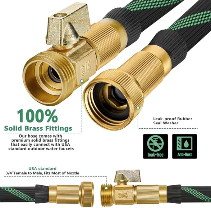 100 ft Garden Hose - 2025 New Flexible Garden Hose with 10-Function Spray Gun, Pure Brass 3/4" Fittings - Lightweight, Durable, and Kink-Free, 100ft Water Hoses for Gardening(Green Black)