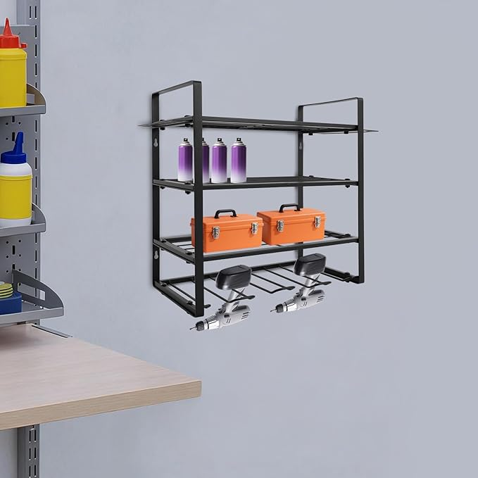 4-Tier Heavy Duty Tool Organizer Rack, Wall Mounted Tool Holder with Hooks, 132 lbs Capacity Carbon Steel Garage Storage Rack for Garages, Workshops, Repair Shops, Black
