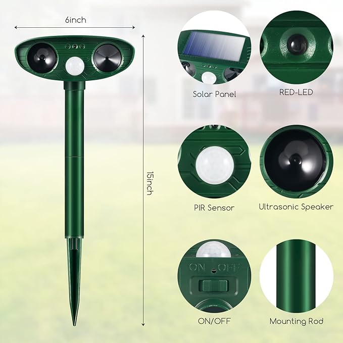 4 Pack Deer Repellent Solar Ultrasonic Animal Repeller Outdoor Squirrel Fortress Pro Waterproof Animal Deterrent Devices, Cat,Dog,Raccoon,Skunk,Rabbit,Coyote Deterrent for Yard Garden Farm