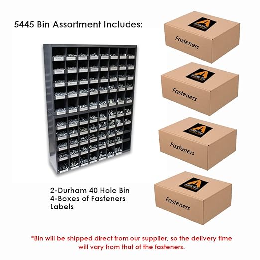 Titan 5,445 pcs Grade 8 Coarse Hardware Assortment Kit with Hex Cap Screws, Hex Nuts, Washers, & Two Durham 40 Hole Metal Bins