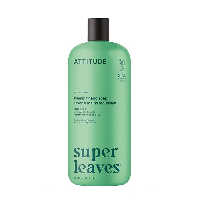 ATTITUDE Foaming Hand Soap Refill, EWG Verified, Natural & Plant-Based Hand Wash, Gentle & Moisturizing, Vegan, Green Apple & Basil Scent, 30 Fl Oz