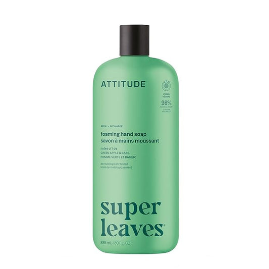 ATTITUDE Foaming Hand Soap Refill, EWG Verified, Natural & Plant-Based Hand Wash, Gentle & Moisturizing, Vegan, Green Apple & Basil Scent, 30 Fl Oz