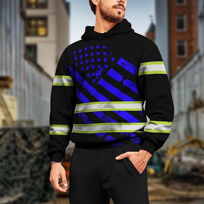Color US Flag High Visibility Hoodie for Men Women Reflective Tapes Safety Workwear for Worker Runner Patriotic