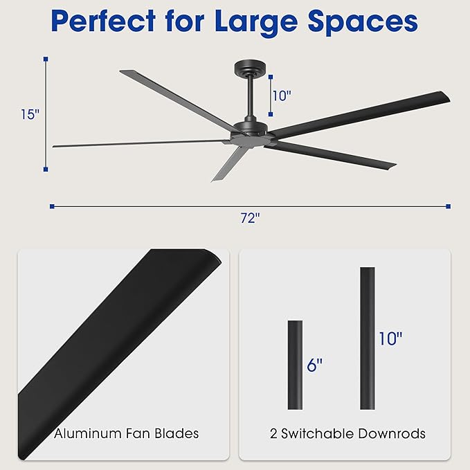Industrial Ceiling Fans without Lights, 72 Inch Waterproof Outdoor Ceiling Fans with Remote for Patios Bedroom, Black Ceiling Fan No Light for Living Room Shop Garage, Reversible 5 Aluminum Blades