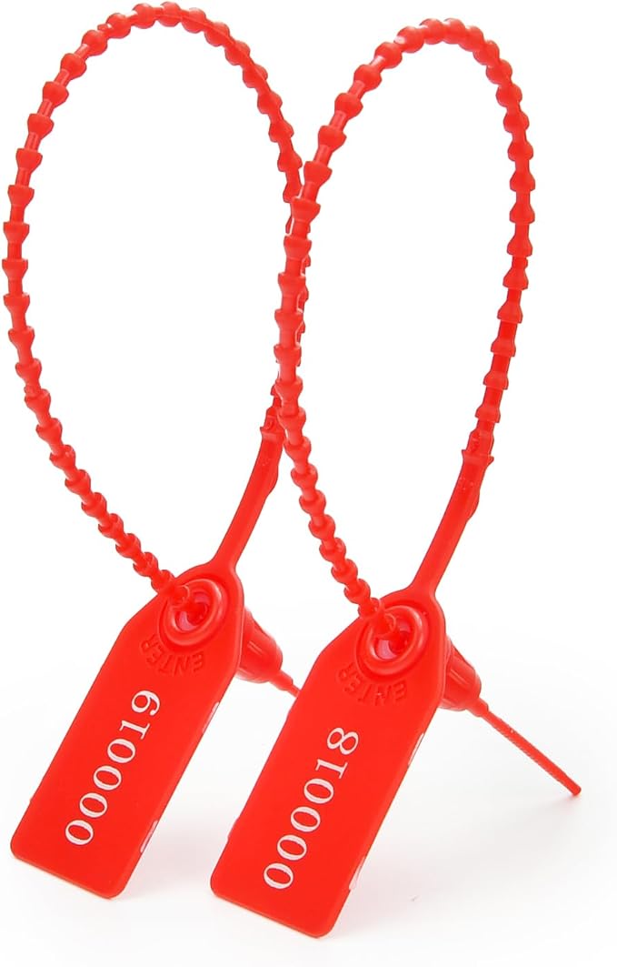 50pcs Plastic Security Tamper Seals Shipping Tags Disposable Signage Numbered Pull Tight Padlock Safety Self-Locking Seal Ties Tag, Red