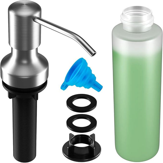 Soap Dispenser for Kitchen Sink, Kitchen Sink Soap Dispenser with 17 OZ Bottle, Refill from The Top Bar, Longer Threaded Shaft Shank, Wide Pump Head Base (Brushed Nickel)