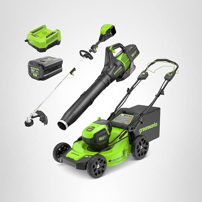 Greenworks 80V 21” Brushless (Self-Propelled) Cordless Electric Lawn Mower + (580 CFM) Axial Leaf Blower + 16” (Attachment Capable) String Trimmer, 4.0Ah Battery and 60 Minute Rapid Charger