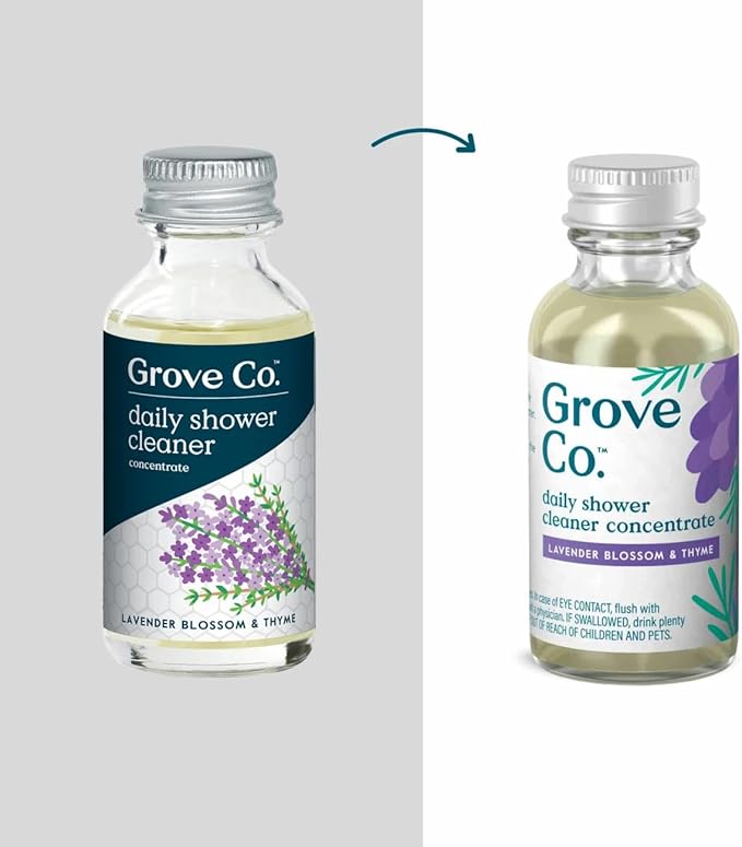 Grove Co. Daily Shower Cleaner Refill Concentrate (6 x 1 Fl Oz), Creates 32 Oz Cleaner, Removes Soap Scum, Scrub-Free, Plant-Based Household Cleaning Supplies, Lavender Blossom & Thyme Fragrance