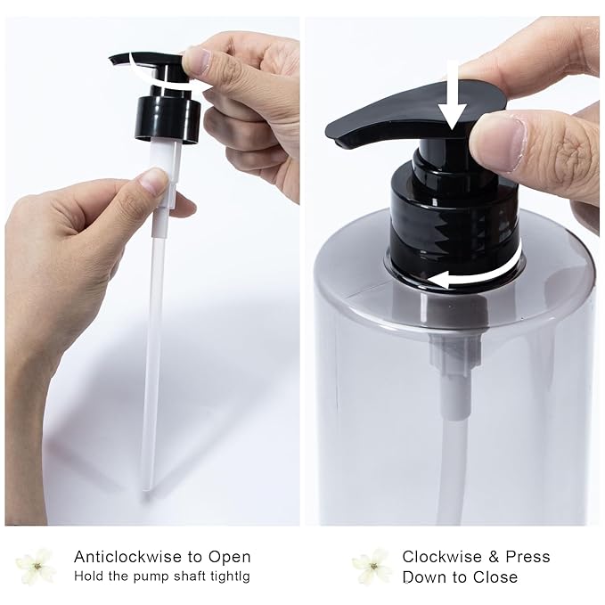Yebeauty Soap Dispenser, 2 Pack 17oz/500ml Refillable Pump Bottle Dispenser Plastic Empty Shampoo and Conditioner Bottles Clear Black Lotion Container with Travel Lock for Bathroom Decor Upgrade
