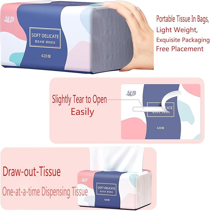 6 Packs Small Disposable Facial Tissues, Facial Napkins, Toilet Paper, Material Native Wood Pulp Fiber NOT COTTON, White Facial Paper, 5-Ply, 420 Sheets per Pack