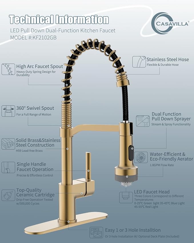 LED Kitchen Faucet with Soap Dispenser, Gold Kitchen Faucet, Faucet for Kitchen Sink, Single Handle Stainless Steel Camper Farmhouse RV Sink Faucets with Pull Down Sprayer