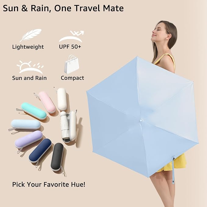 BAODINI Travel Essentials Mini Umbrella for Purse With Case Small Compact UV Sun Protection Lightweight Tiny Pocket Manual Open Close Umbrella for Women Kids and Men Fit Purse Backpack