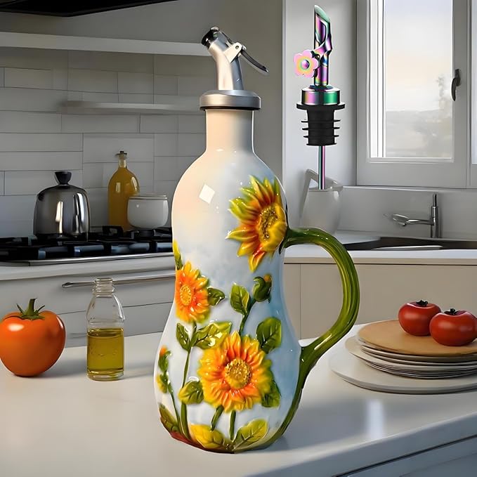 18 oz Hand-Painted Relief Ceramic Olive Oil Bottle Dispenser, with Handle Decorative Olive Oil Dispenser Bottle, for Kitchen Ceramic Oil Vinegar Bottle Seasoning Bottle with Stainless Steel Pour Spout