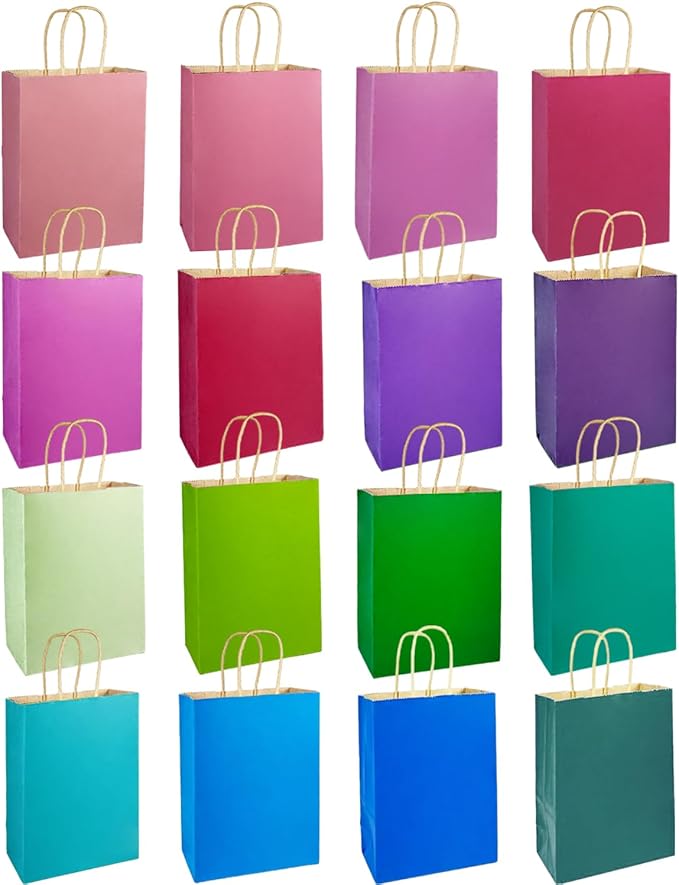 qiqee 32-Packs Paper Bags with Handles Bulk 8.26"×6"×3.15" Small Gift Bags 16 Different Senior Light Color Bags Multiple Uses（Small Size）