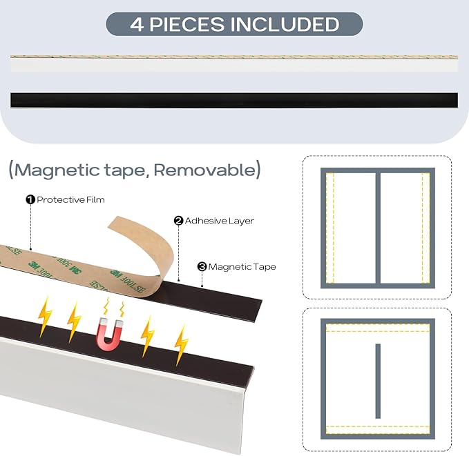 100% Blackout PVC Light Blocking Strips Magnetic Light blockers for Blackout Shades & Blinds Room Darkening Side Tracks for bedrooms Nurseries (Custom, 59"-115" Removable)
