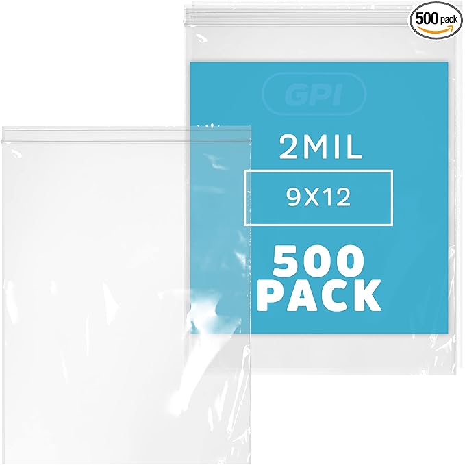 GPI - 9" x 12" Zip Bags, 500 Count, 2 Mil, Clear Plastic Reclosable Zipper Poly Baggies, with Resealable Lock Seal. for A4 Letter Size Paper, Apparel, Clothing, Food, Home & Office Supplies.