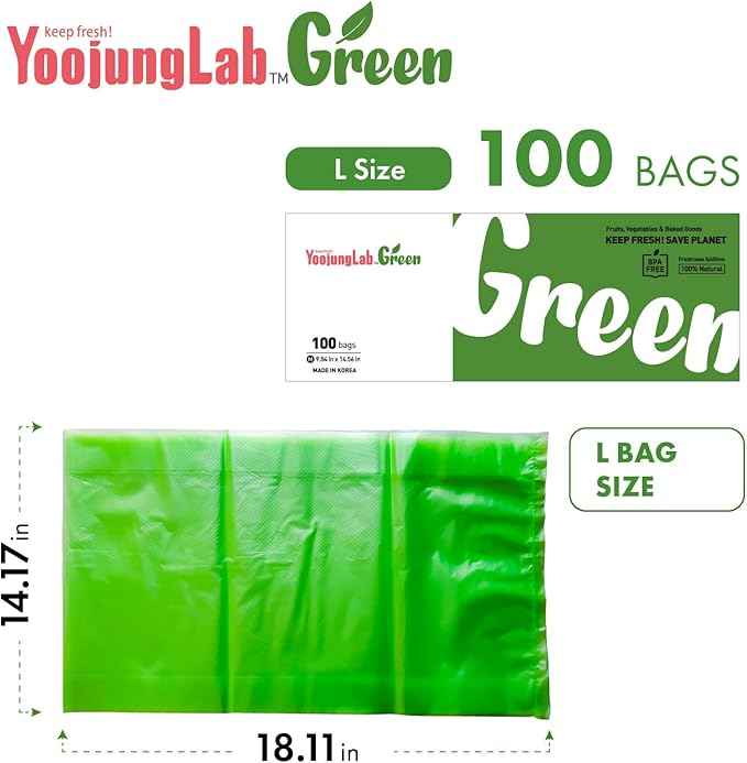 Green, Food Storage Bags, 14.17" 18.11" 100bags, Keep Fresh Produce Bags, Food Saver Storage for Fruits, Vegetables, BPA FREE, HDPE, Green color bag, Plastic Bread Bags, Eco-Friendly