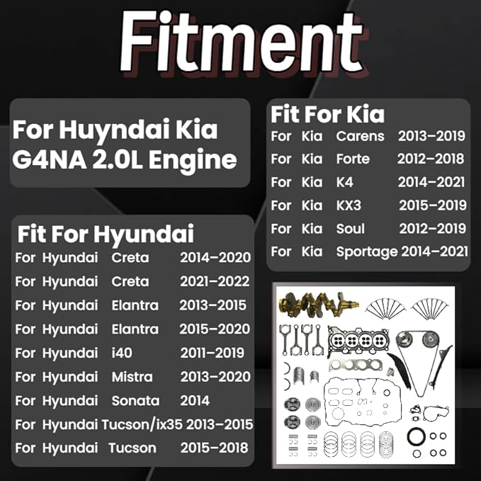G4NA 2.0L Engine Overhaul Rebuild Kit w/Crankshaft Rods Timing Chain Kit Piston Kit Head Gasket Set Fit For Hyundai Elantra Tucson Kia Soul Forte 2014-2019 2.0L G4NA Engine 23110-2E501 623V6-2EH00