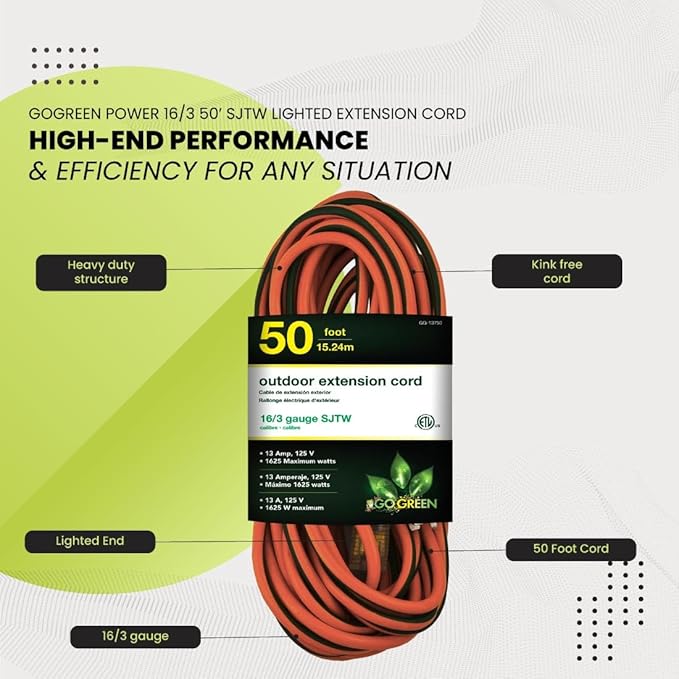 Go Green Power Inc. 16/3 50-Foot Outdoor Extension Cord - Heavy-Duty, Weatherproof, GG-13750