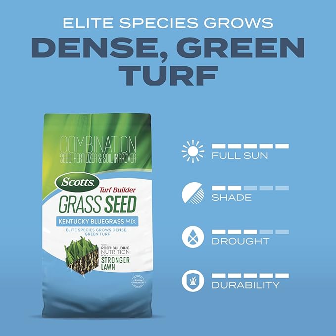 Scotts Turf Builder Grass Seed Kentucky Bluegrass Mix with Fertilizer and Soil Improver, Grows Dense, Green Turf, 2.4lbs.