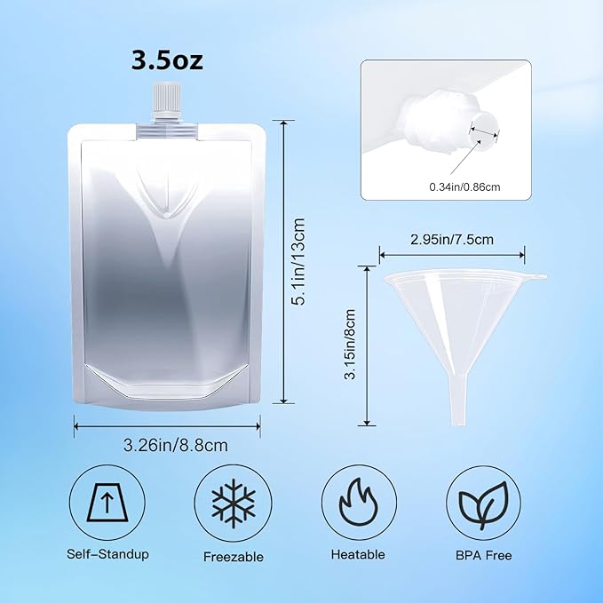 100PCS 3.5OZ Plastic Flasks,Reusable Drink Pouches with Funnel,Spouted Drinking Bags for Liquid Beverage Juice,Leak-Proof Food Grade for Travel Outdoor Sports Concert Cruise Events