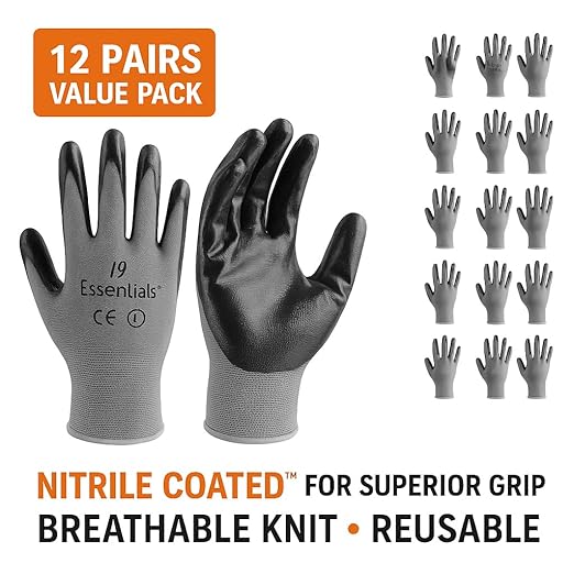 I9 Essentials 12 Pairs Nitrile Coated Work Gloves – Lightweight Grip Safety Gloves for Construction, Gardening, Warehouse, Carpentry & General Work (Large, Black/Gray)