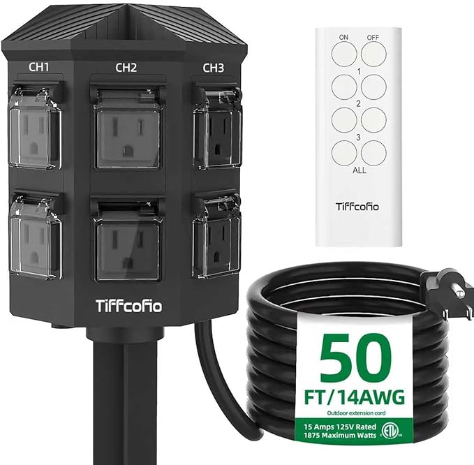 Outdoor Remote Control Power Strip, 50FT Extension Cord Waterproof, Independent Control Outlets, 6 Grounded Outlets for Outdoor Decorations, 14 AWG, 15A/1875W, ETL Listed (50 FT)