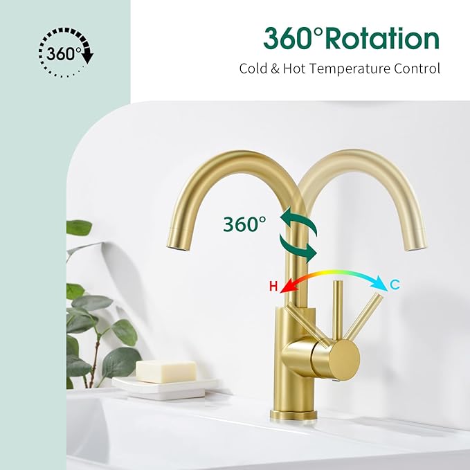 CREA Bar Sink Faucet Single Hole,Brushed Gold Faucets for Large Bathroom Basin/Small Kitchen Sink,Stainless Steel with Deck Plate,Prep Wet Bar Lavatory Vanity Outdoor