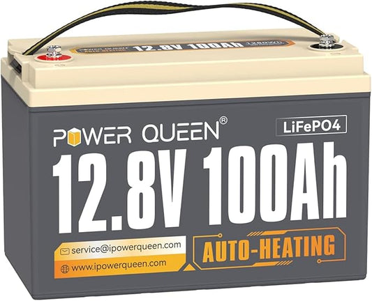 Power Queen 12V 100Ah LiFePO4 Battery Upgrade Auto-Heating, Built-in 100A BMS, Low Temp Protection, 2X Heating Efficiency, -4°F/-20°C Charging, Perfect for RV, Off-Grid System, Trolling Motor