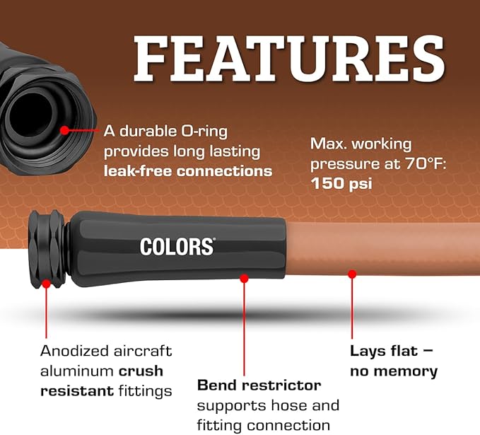 Flexzilla Colors Lead-In Garden Hose 5/8in. x 10ft., Lightweight All-Weather Water Hose, Durable and Flexible, Leak-Free Connections, Red Clay
