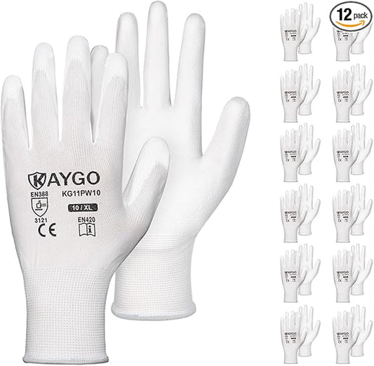KAYGO Safety Work Gloves PU Coated-12 Pairs, KG11PB, Seamless Knit Glove with Polyurethane Coated Smooth Grip on Palm & Fingers, for Men and Women, Ideal for General Duty Work (X-Large, White)