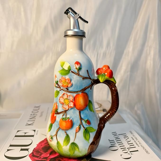 18 oz Hand-Painted Relief Ceramic Olive Oil Bottle Dispenser, with Handle Decorative Olive Oil Dispenser Bottle, for Kitchen Ceramic Oil Vinegar Bottle Seasoning Bottle with Stainless Steel Pour Spout